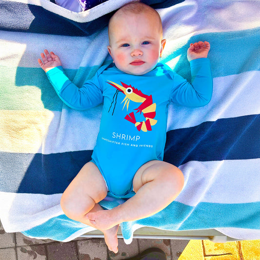 Neon Blue Shrimp Rashguard Upf50 Sun Protective Baby Onesie Copy UPF 50+ sunwear by ShapeShifter Fish and Friends lifestyle