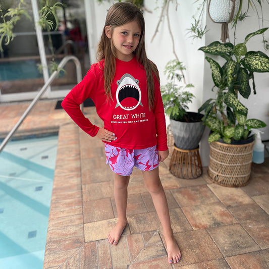 Girl wearing Red Great White Shark crew neck UPF 50+ for kids & adults by ShapeShifter Fish and Friends front view