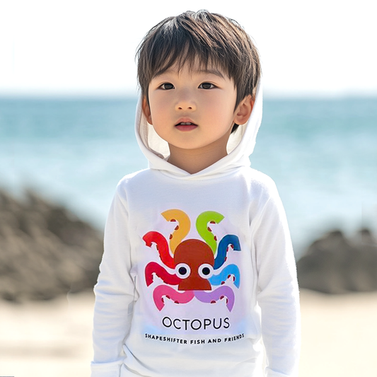 Child wearing a White Rainbow Octopus Upf50 Hooded Sun Shirt UPF 50+ sunwear by ShapeShifter Fish and Friends lifestyle