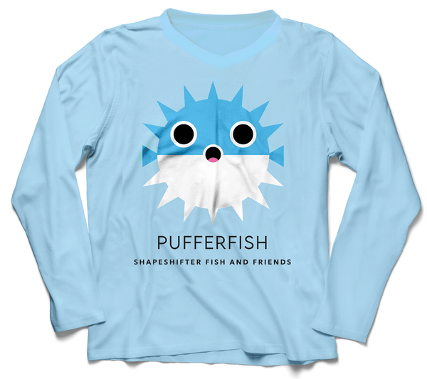 Sun Protective Long Sleeve | Arctic Blue Pufferfish V-Neck | ShapeShifter Fish and Friends