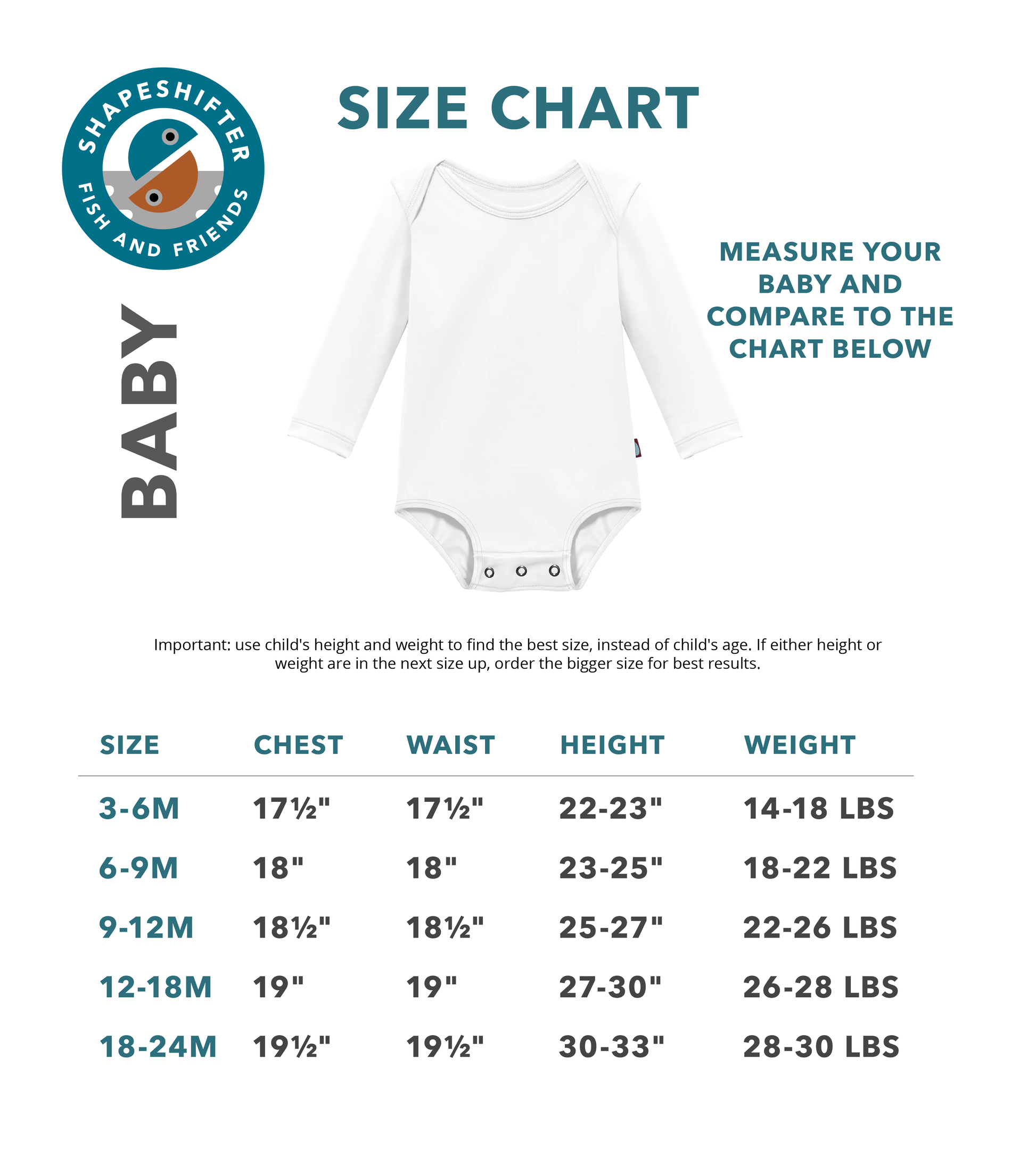 ShapeShifter Fish and Friends Baby Onesie Size Chart