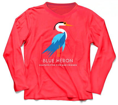 Ladies Vneck Coral Blue Heron Upf50 Sun Protection Shirt for women UPF 50+ sunwear by ShapeShifter Fish and Friends front
