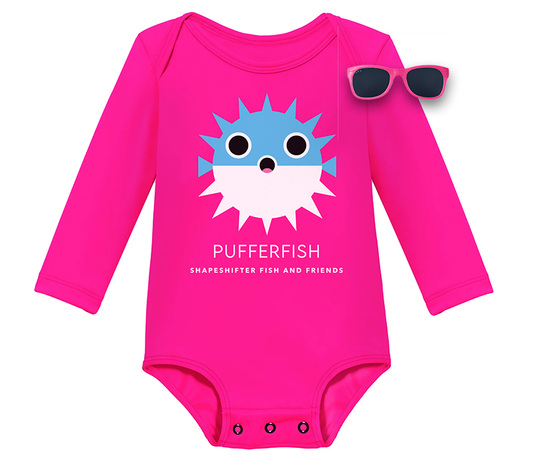 Baby Hot Pink Pufferfish Sun Protection Onesie and Sunglasses Bundle