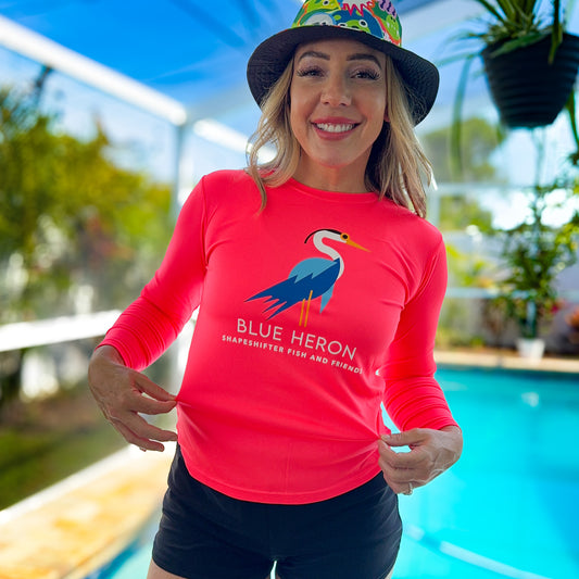 Woman wearing Coral Blue Heron Sun & Swim Shirt for Ladies UPF50+ Sun Protection rashguard lifestyle