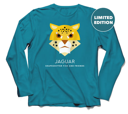 Teal long-sleeve sun shirt with jaguar graphic and 'Limited Edition' label on a white background