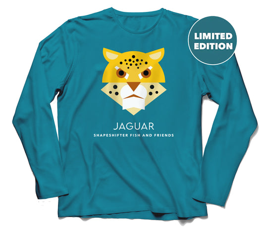 Teal long-sleeve sun shirt with jaguar graphic and 'Limited Edition' label on a white background