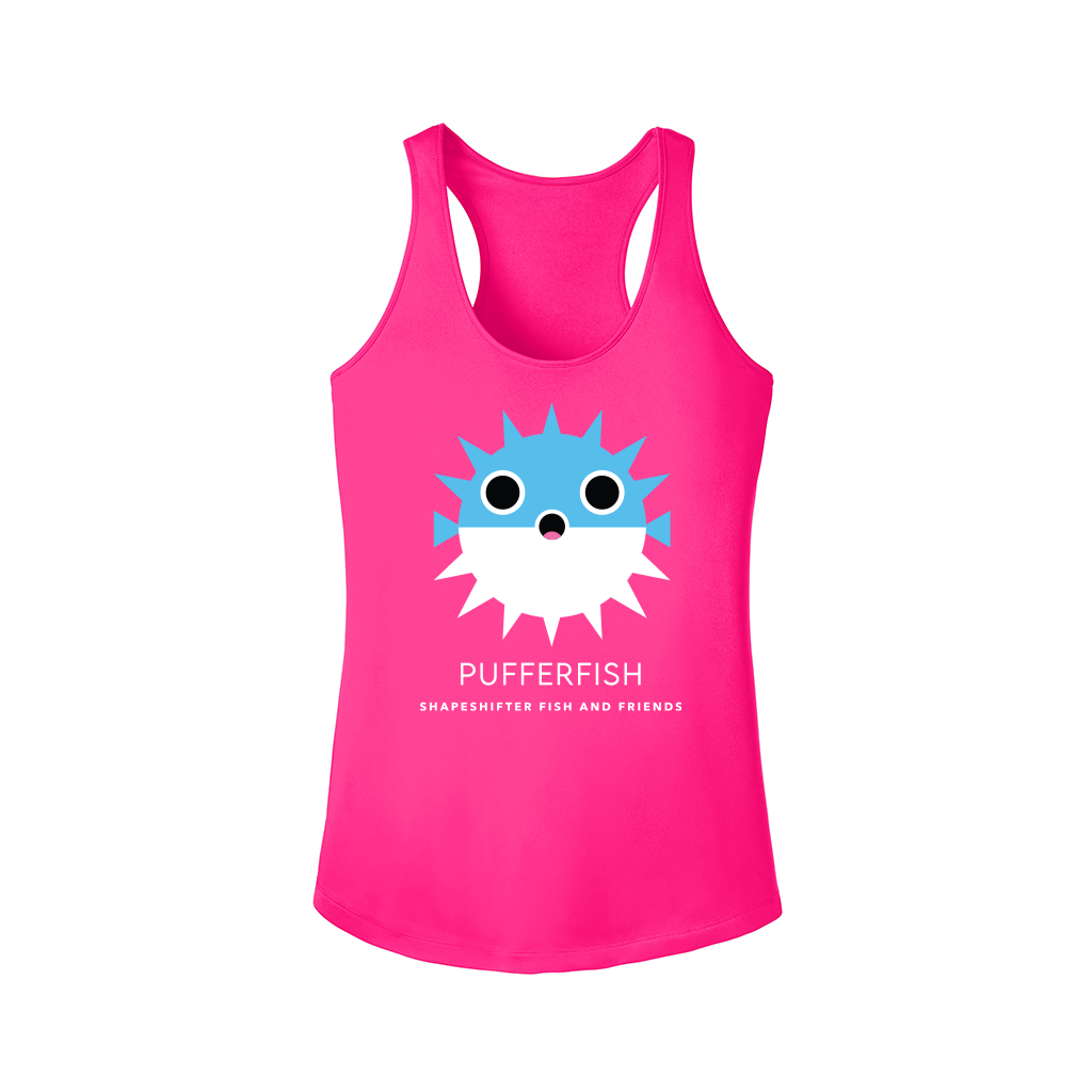 Neon Pink UPF tank top with a cartoon pufferfish design on a white background, for women