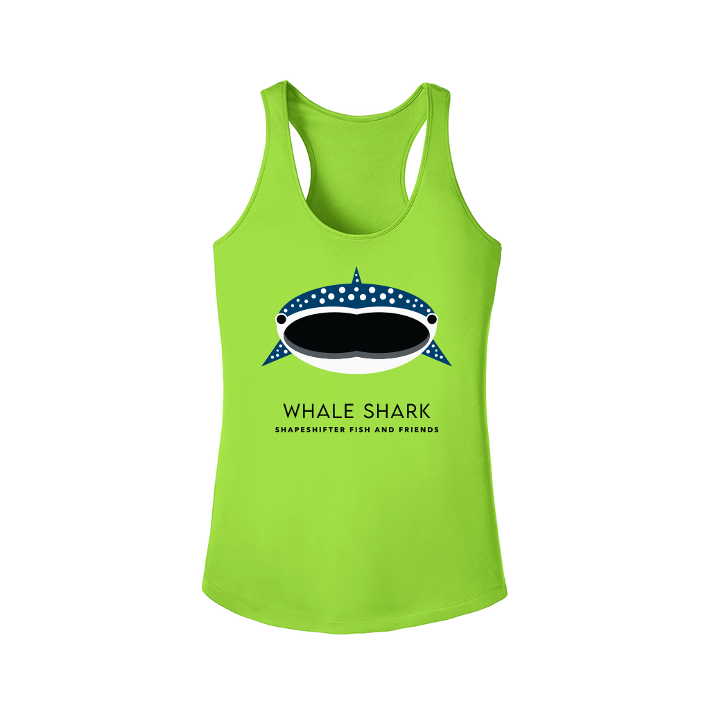 Green UPF tank top for women & ladies with whale shark graphic and text on a white background, racer back