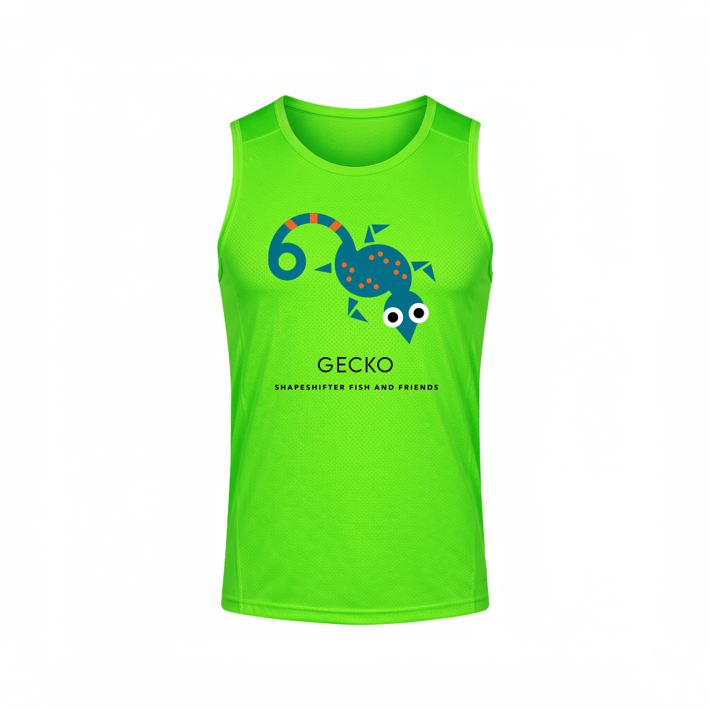 Green UPF tank top with a gecko graphic and text on a white background