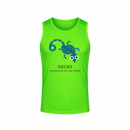 Green UPF tank top with a gecko graphic and text on a white background