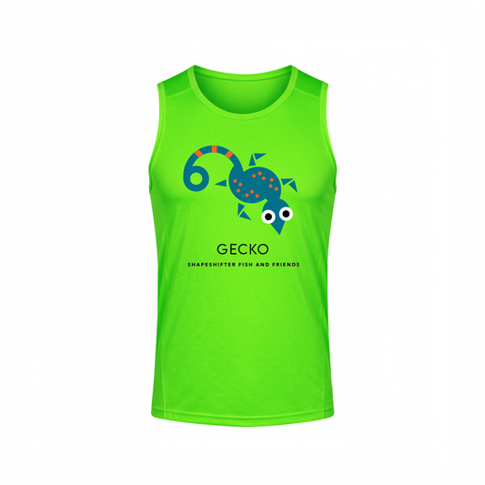 Green UPF tank top with a gecko graphic and text on a white background