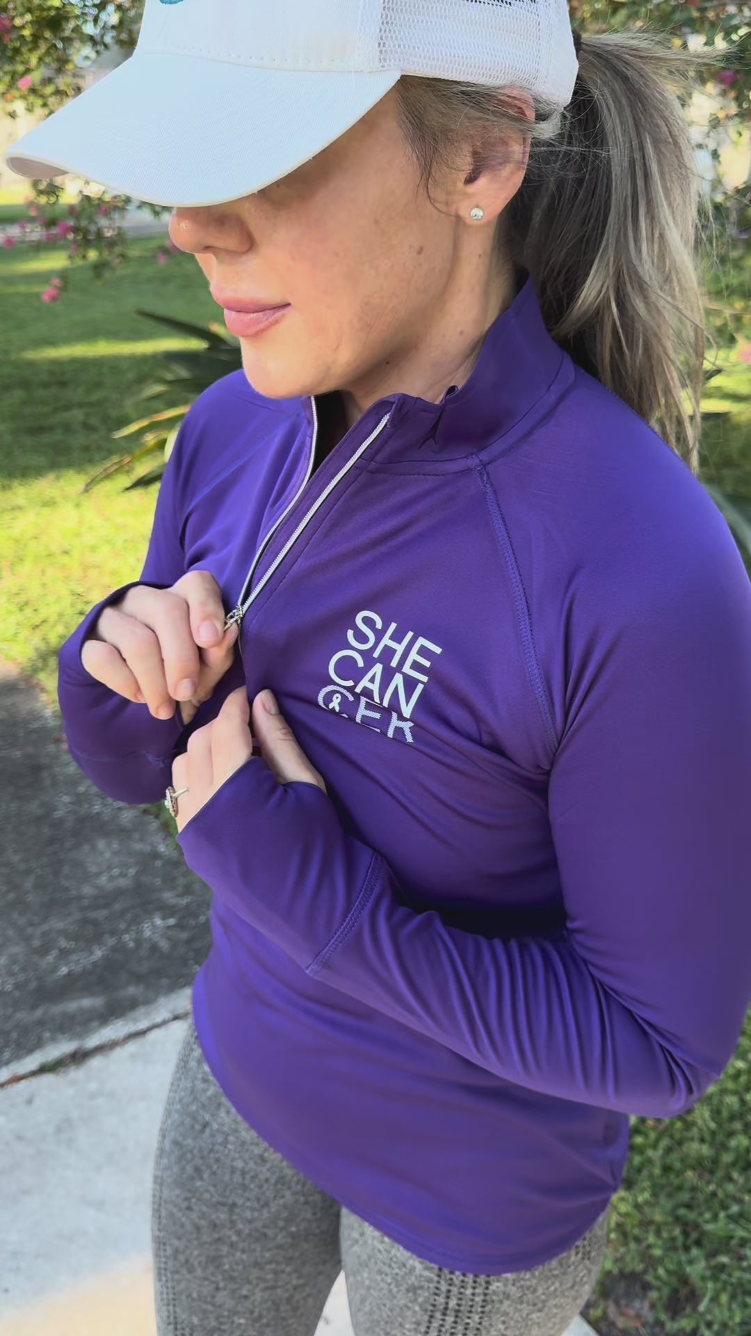 Purple long-sleeve UPF shirt with 'SHE CAN' text, for cancer patients, chemotherapy, radiation