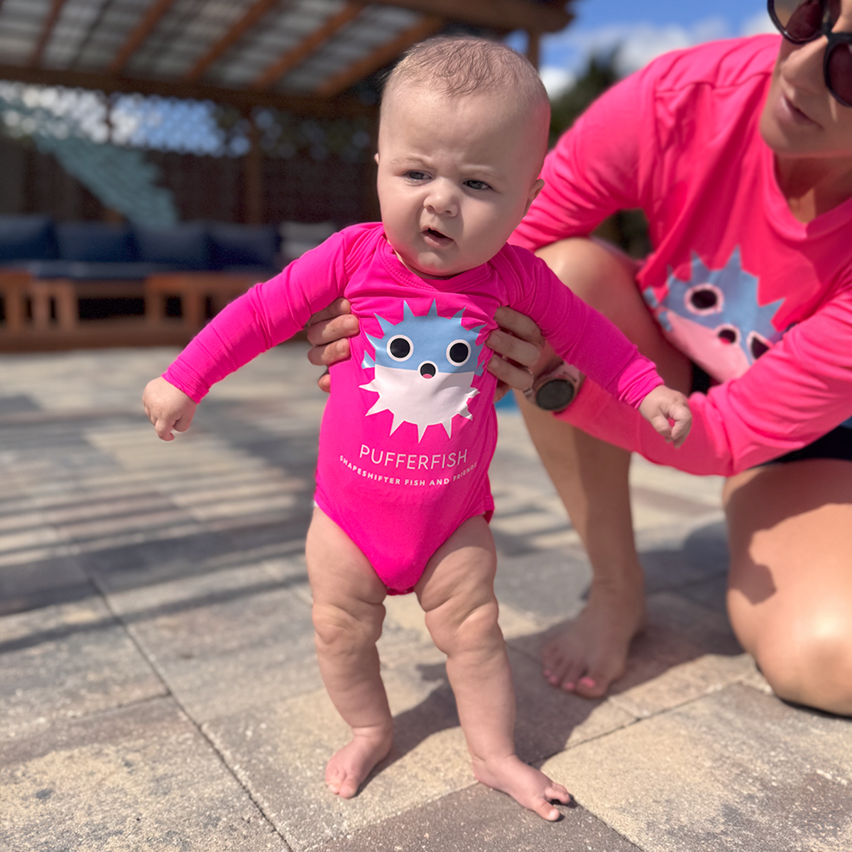 infant swim gear Hot Pink Pufferfish Sun Protective Baby Onesie
