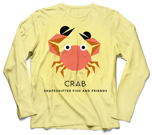 Yellow long-sleeve UPF shirt with a crab graphic and 'New Item' label on a white background