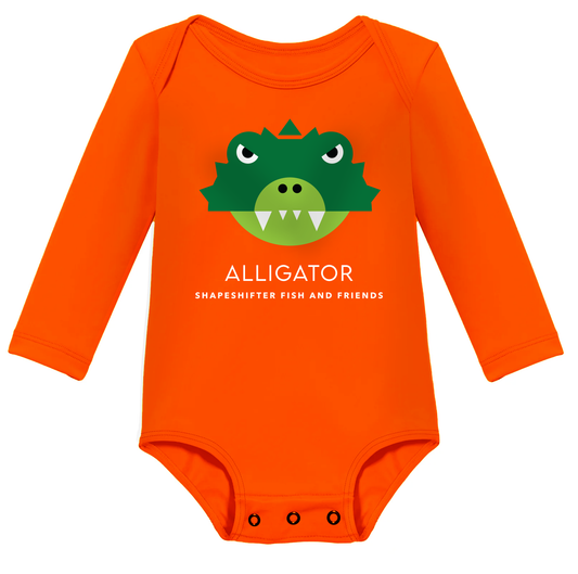 Neon Orange Upf50 Sun Protective Baby Onesie UPF 50+ rashguard by ShapeShifter Fish and Friends front view