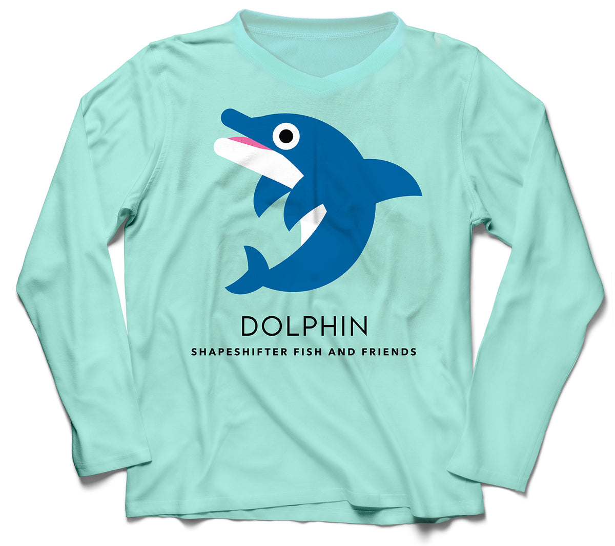 Seagrass Dolphin  Ladies V Neck Sun Shirt UPF 50+ sunwear by ShapeShifter Fish and Friends front view