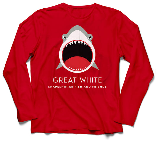 Red Great White Shark crew neck Sun Protective Long Sleeve Shirt UPF 50+ for kids & adults by ShapeShifter Fish and Friends front view
