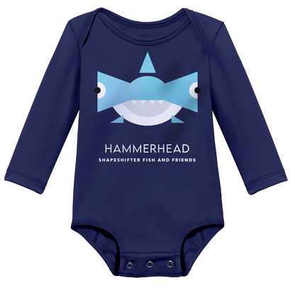 Navy Hammerhead Shark Upf50 Sun Protective Baby Onesie UPF 50+ infant swim wear by ShapeShifter Fish and Friends front view