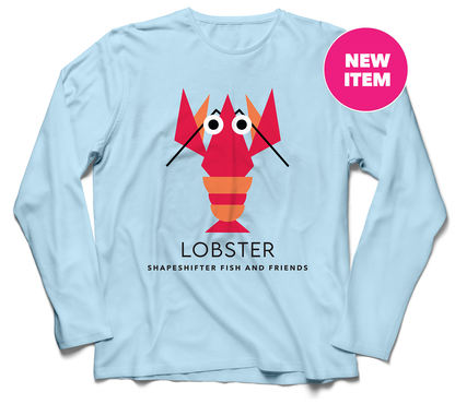 Light Blue Lobster long sleeve UPF 50+ sun protection shirt for kids by ShapeShifter Fish and Friends front view