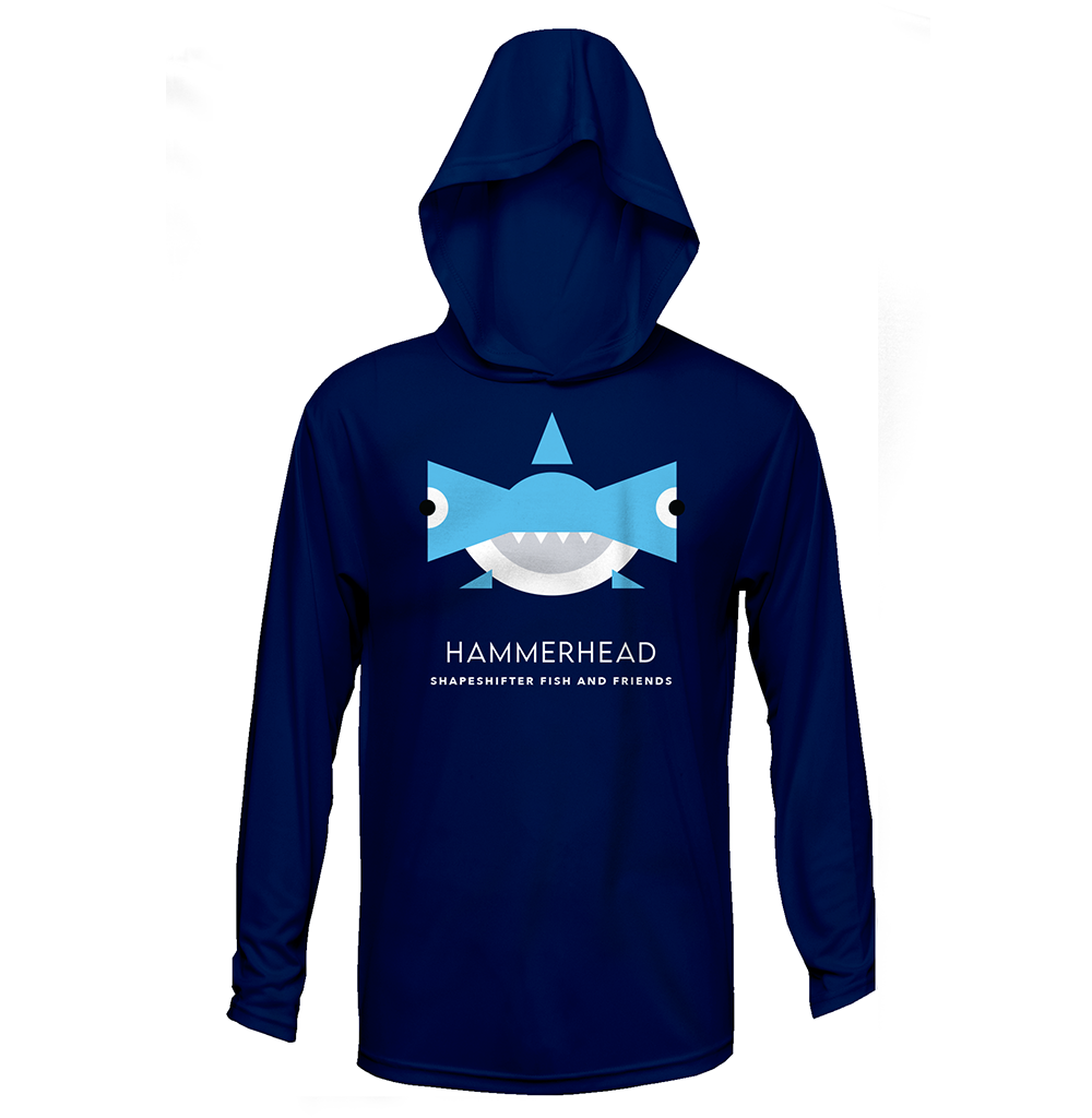 Navy Hammerhead Shark Upf50 Hooded Sun Protective Long Sleeve Shirt UPF 50+ rashguard for men by ShapeShifter Fish and Friends front view