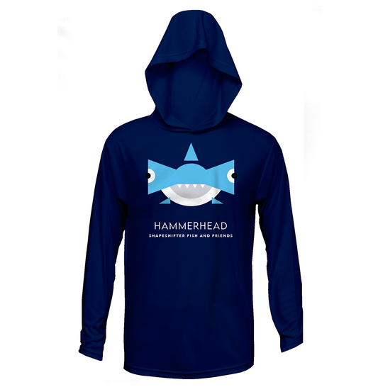Navy Hammerhead Shark Upf50 Hooded Sun Protective Long Sleeve Shirt UPF 50+ rashguard for men by ShapeShifter Fish and Friends front view