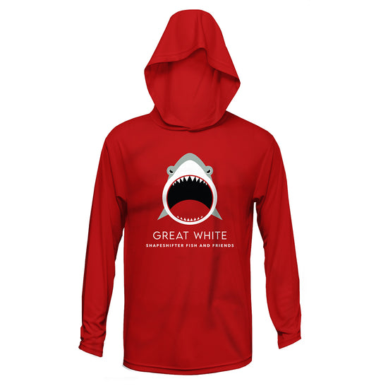 Red Great White Shark Upf50 Hooded Sun Protective Shirt for men UPF 50+ rashguard with hood by ShapeShifter Fish and Friends front view