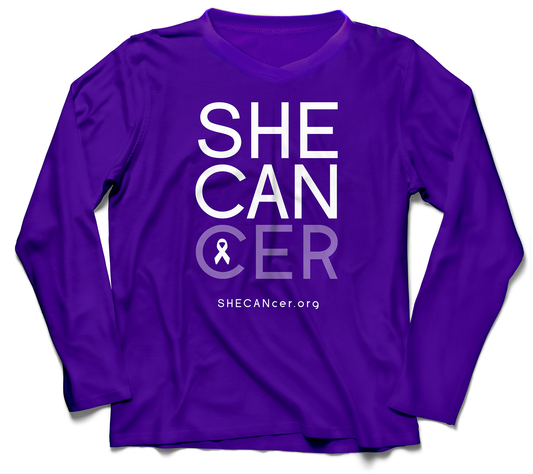 Shecancer Purple Ladies V Neck Upf50 Sun Shirt UPF 50+ for women battling cancer by ShapeShifter Fish and Friends front view