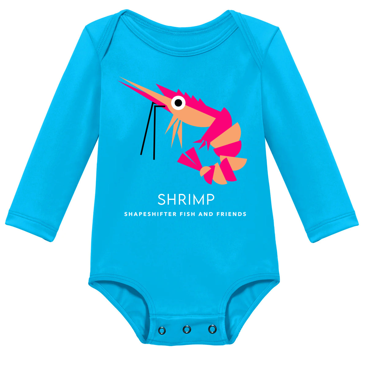 Neon Blue Shrimp Upf50 Sun Protective Baby Onesie Copy UPF 50+ sunwear by ShapeShifter Fish and Friends infant bathing suit