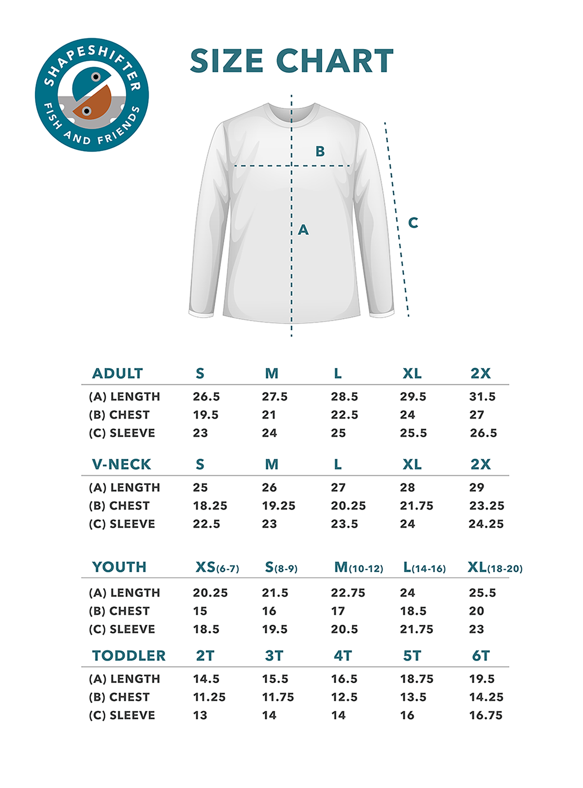 Size chart and measurement guide for ShapeShifter Fish and Friends apparel