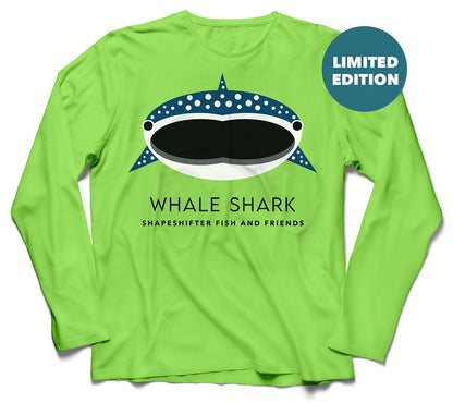 Lime Green Whale Shark Upf50 Sun Protective Long Sleeve Shirt UPF 50+ sun wear by ShapeShifter Fish and Friends front view
