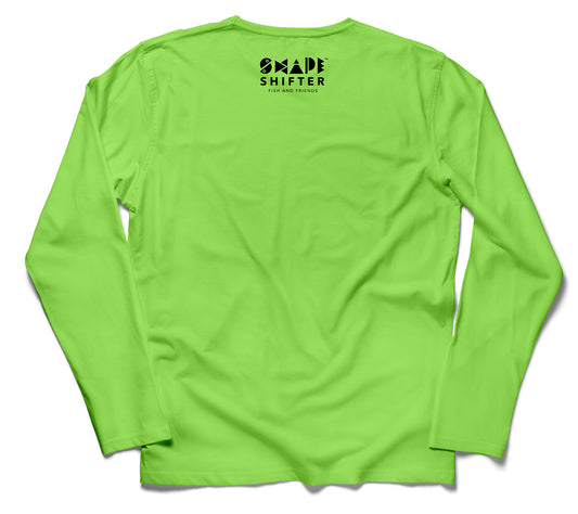 Lime Green Whale Shark Upf50 Ladies V Neck Sun Shirt UPF 50+ sunwear by ShapeShifter Fish and Friends back view