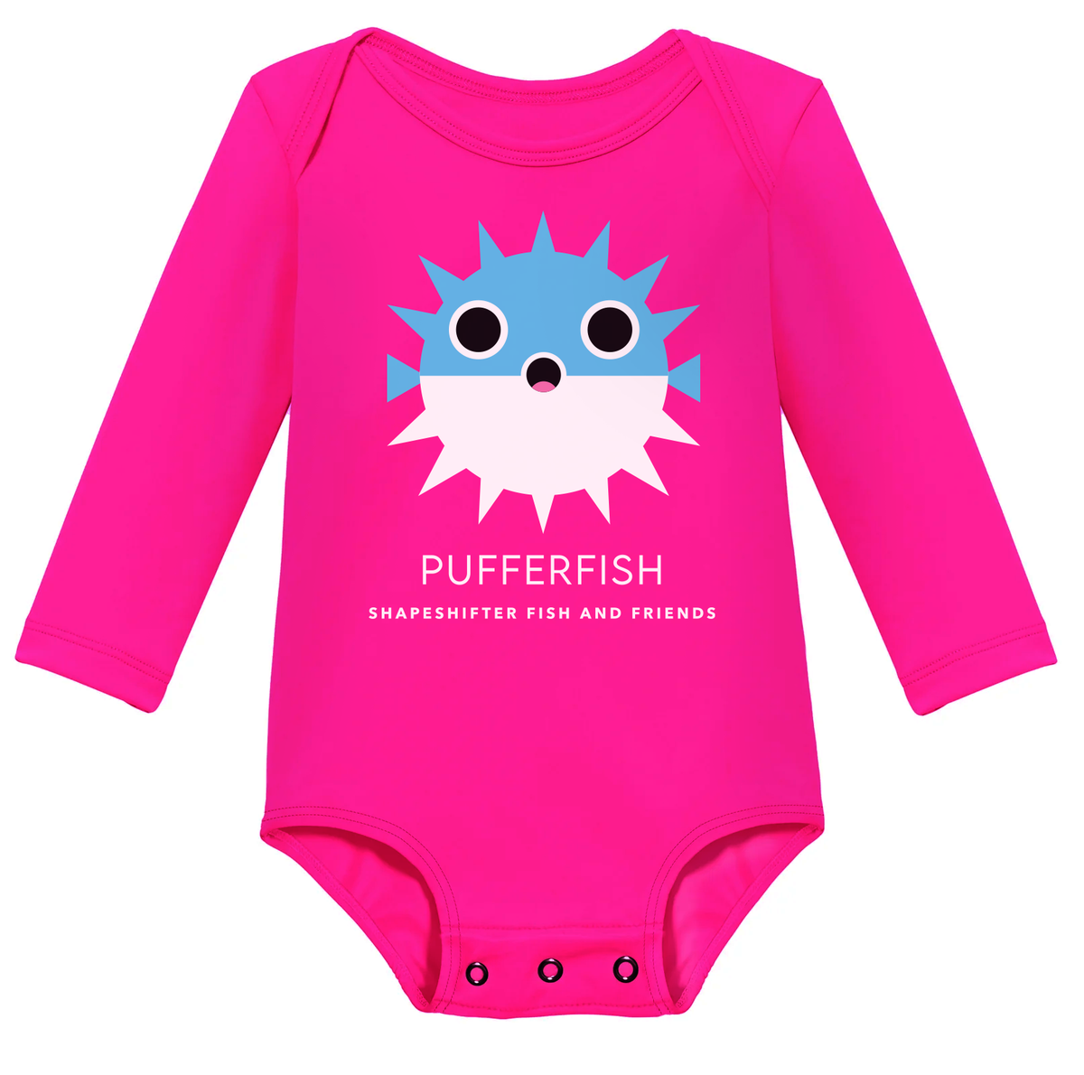 Hot Pink Pufferfish Upf50 Sun Protective Infant Onesie UPF 50+ sunwear by ShapeShifter Fish and Friends front view