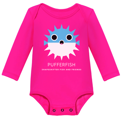 Hot Pink Pufferfish Upf50 Sun Protective Infant Onesie UPF 50+ sunwear by ShapeShifter Fish and Friends front view