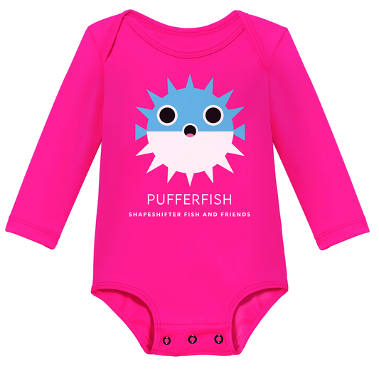 Hot Pink Pufferfish Upf50 Sun Protective Infant Onesie UPF 50+ sunwear by ShapeShifter Fish and Friends front view