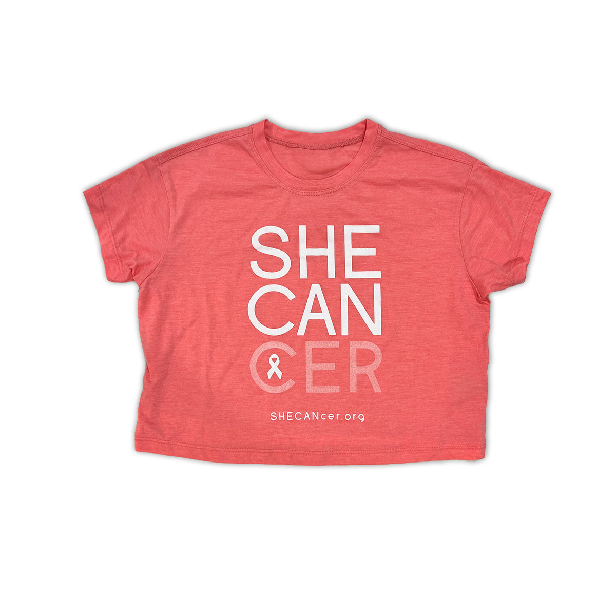 Pink cropped t-shirt with 'SHE CAN CER' text and logo on a white background