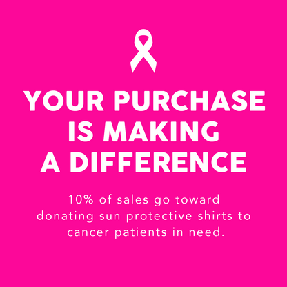 Pink background with white text and a white ribbon symbol, promoting a cause related to cancer patients and sun protective shirts.