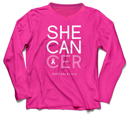 Shecancer Hot Pink Ladies V Neck Upf50 Sun Shirt UPF 50+ sunwear for women battling cancer by ShapeShifter Fish and Friends front view