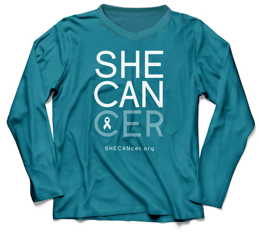 Shecancer Teal Ladies V Neck Upf50 Sun Shirt UPF 50+ sunwear by ShapeShifter Fish and Friends for women battling ovarian cancer front view