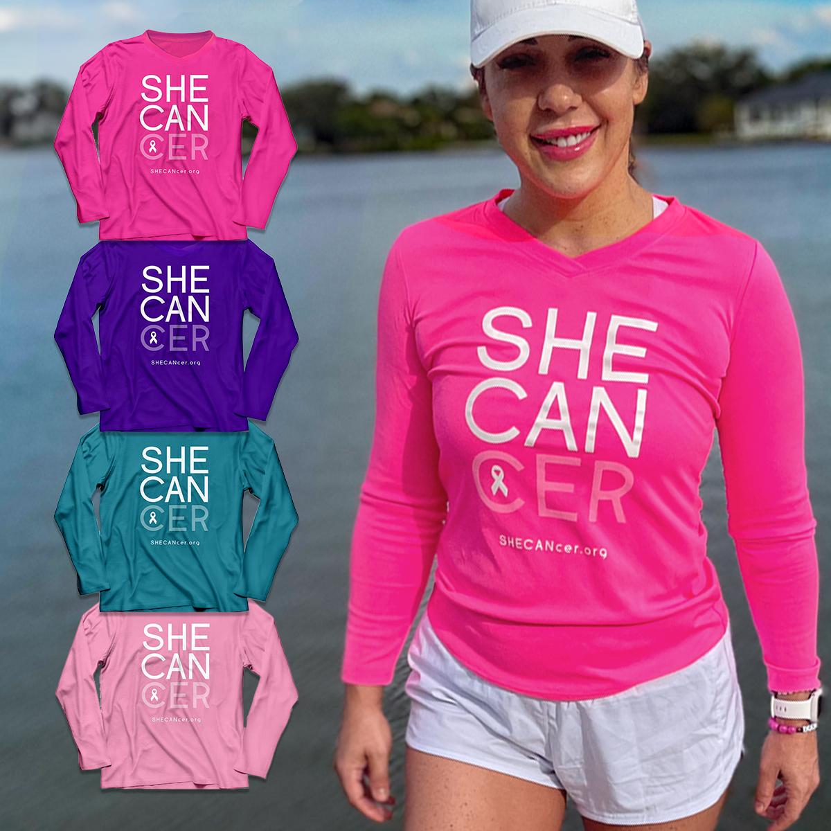 woman outside wearing qvShecancer Hot Pink Ladies V Neck by ShapeShifter Fish and Friends