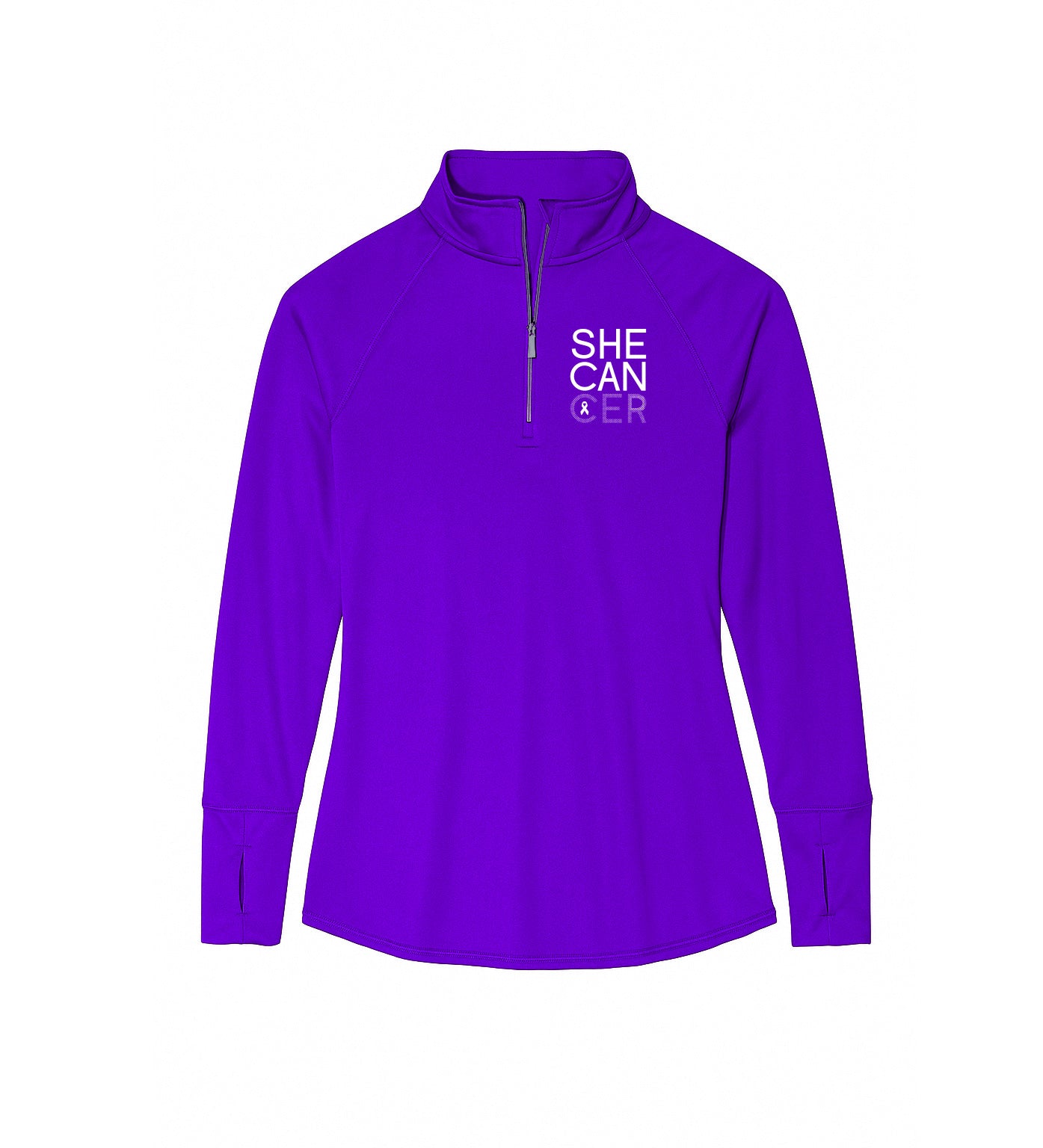 Purple long-sleeve UPF shirt with 'SHE CAN' text, for cancer patients, chemotherapy, radiation