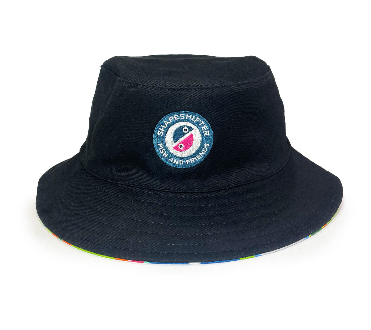 Reversible Fish And Friends kids Bucket Hat solid black with logo UPF 50+ by ShapeShifter Fish and Friends