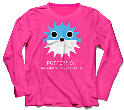 Hot Pink Pufferfish Upf50 Ladies V Neck Sun Shirt UPF 50+ sun wear by ShapeShifter Fish and Friends front view
