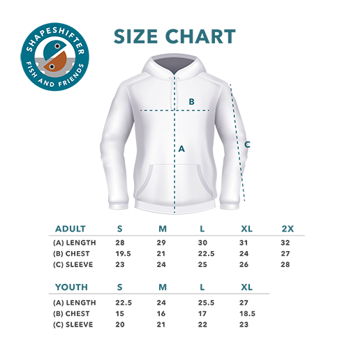 ShapeShifter Fish and Friends Hoodie Size Chart